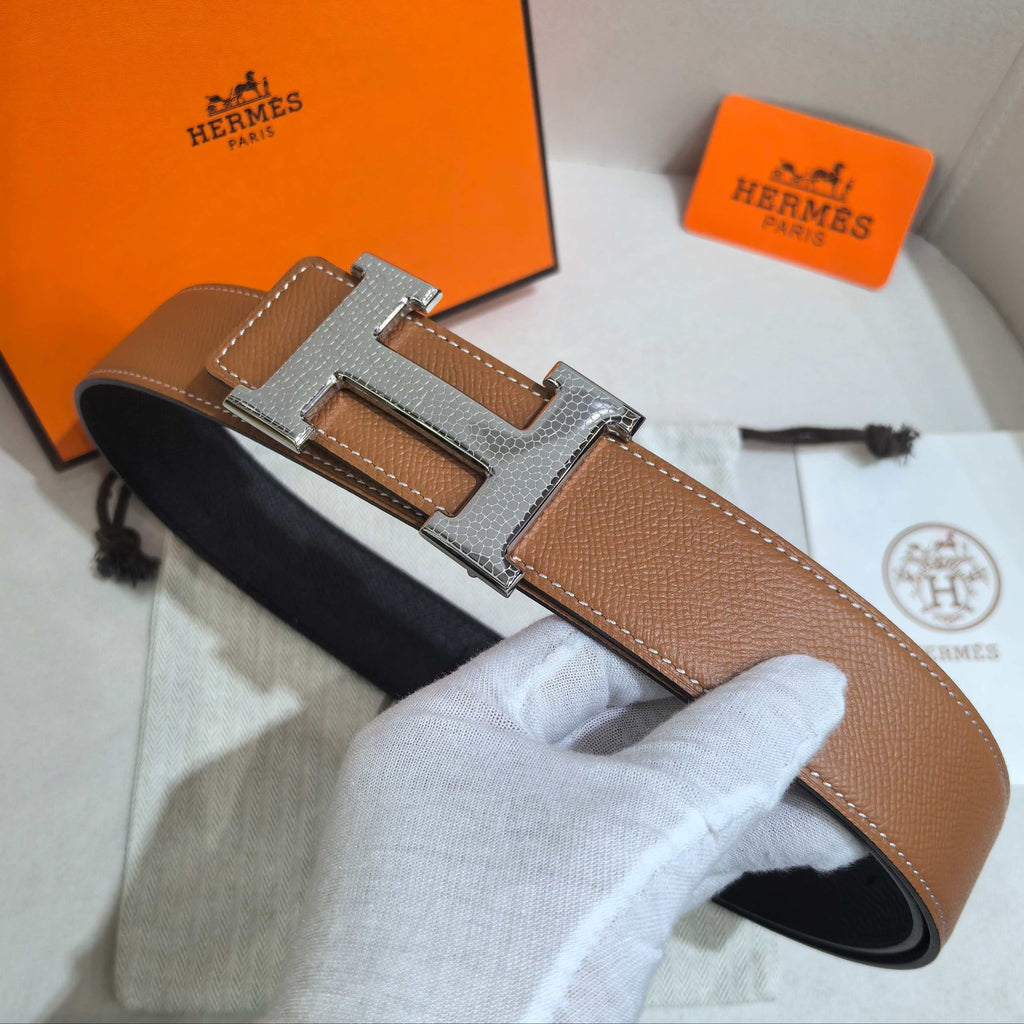 Hermès Gold Reversible Leather Strap 32 mm Belt - Silver Martelé H Buckle