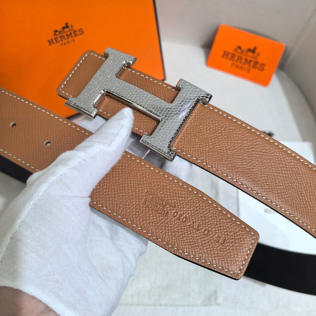 Hermès Gold Reversible Leather Strap 32 mm Belt - Silver Martelé H Buckle