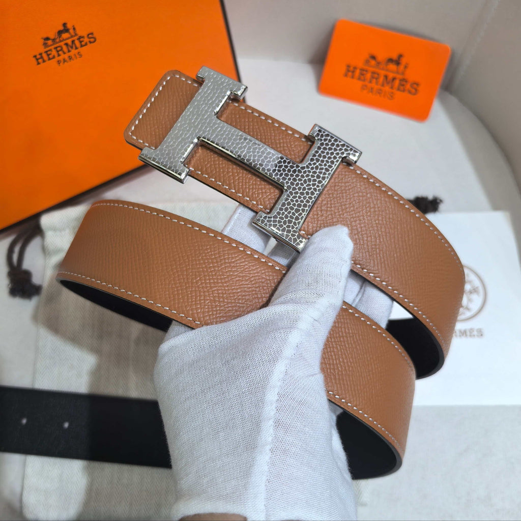 Hermès Gold Reversible Leather Strap 32 mm Belt - Silver Martelé H Buckle