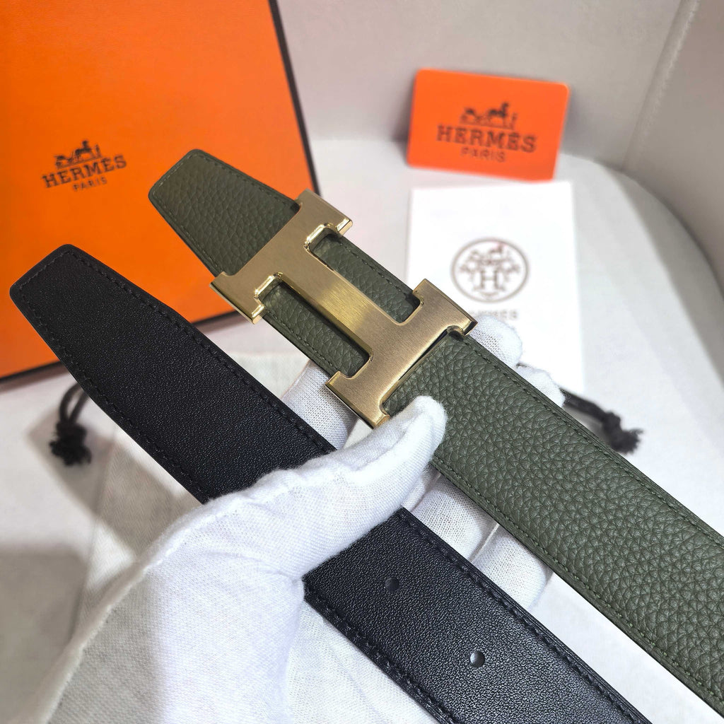 Hermès H Striee Belt Buckle & Reversible Leather Strap 32 mm - Khaki & Yellow Gold