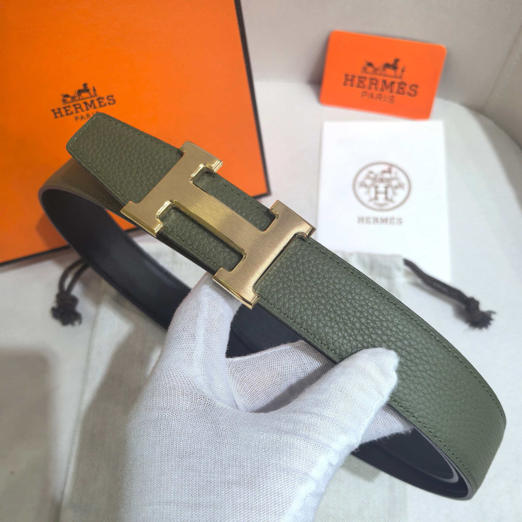 Hermès H Striee Belt Buckle & Reversible Leather Strap 32 mm - Khaki & Yellow Gold