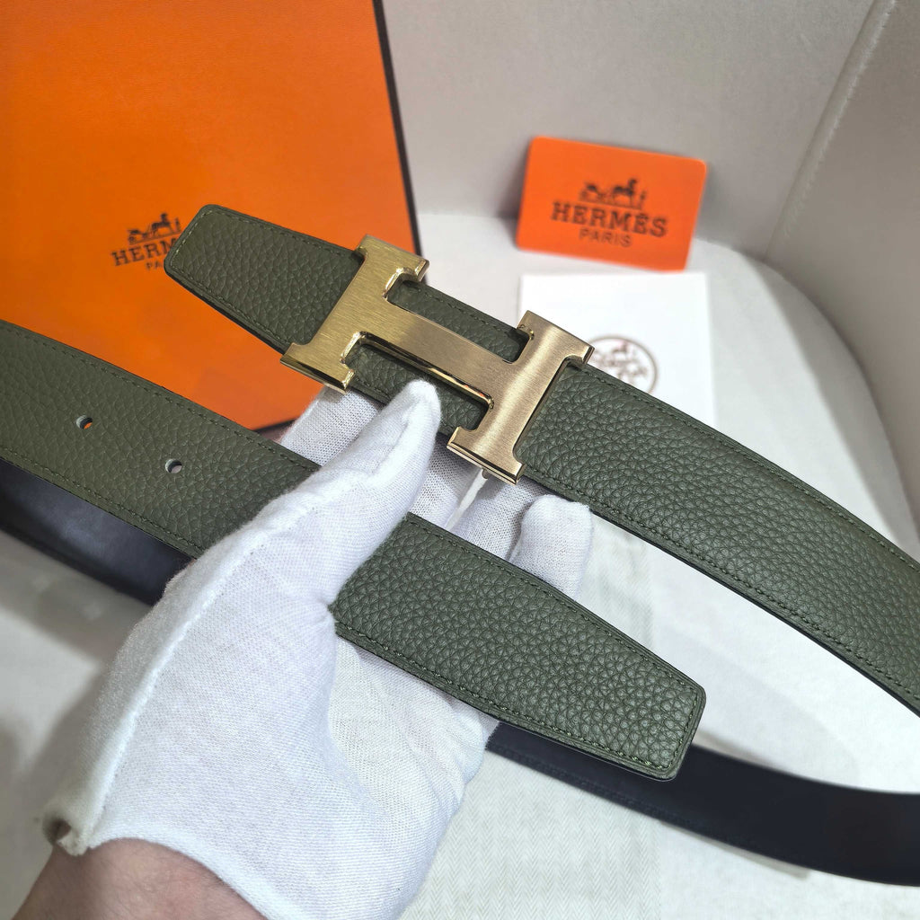Hermès H Striee Belt Buckle & Reversible Leather Strap 32 mm - Khaki & Yellow Gold