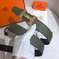 Hermès H Striee Belt Buckle & Reversible Leather Strap 32 mm - Khaki & Yellow Gold