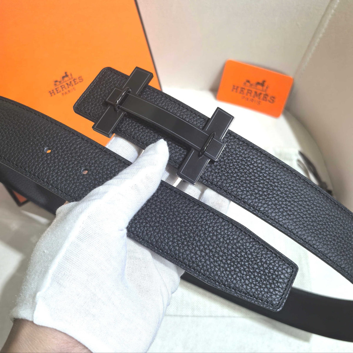 Hermès H au Carre Belt Buckle & Reversible Leather Strap 32 mm - All Black PVD