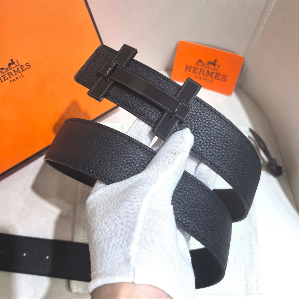 Hermès H au Carre Belt Buckle & Reversible Leather Strap 32 mm - All Black PVD