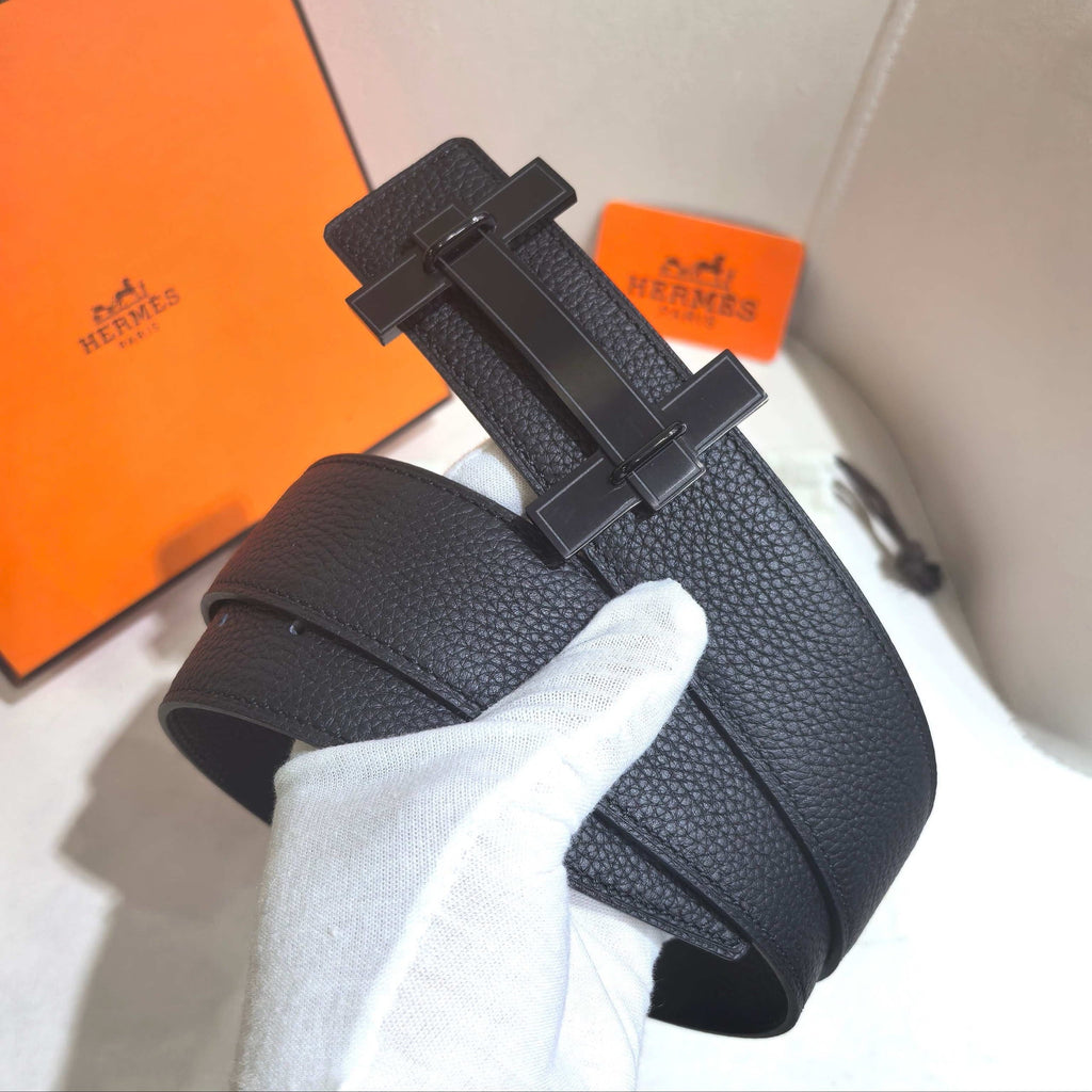 Hermès H au Carre Belt Buckle & Reversible Leather Strap 32 mm - All Black PVD