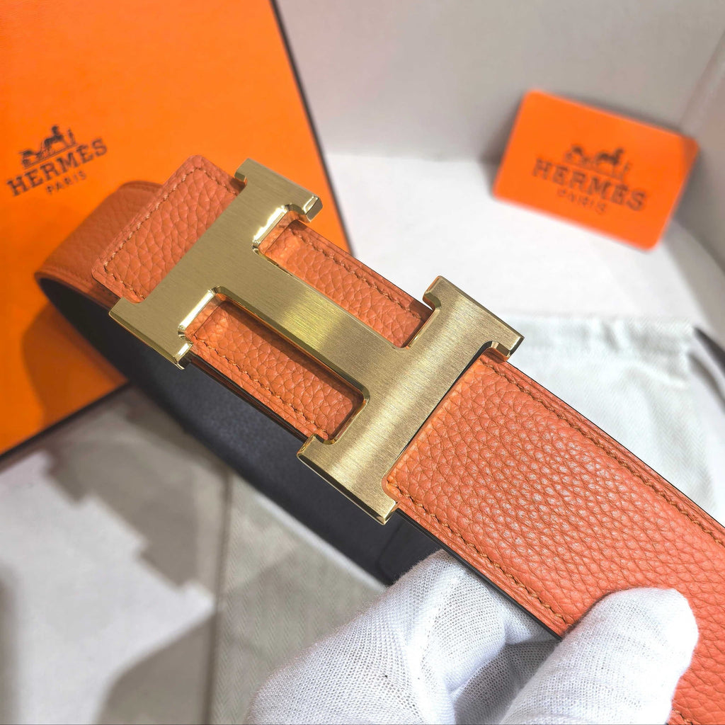 Hermès H au Carre Belt Buckle & Reversible Leather Strap 32 mm - Orange & Black