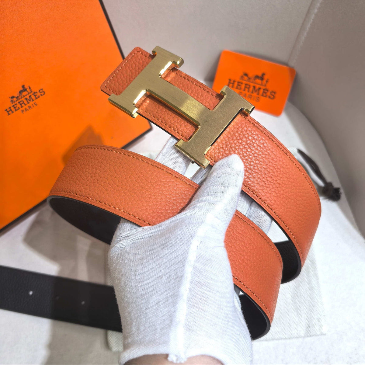 Hermès H au Carre Belt Buckle & Reversible Leather Strap 32 mm - Orange & Black
