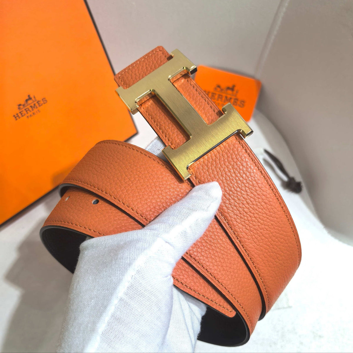 Hermès H au Carre Belt Buckle & Reversible Leather Strap 32 mm - Orange & Black