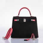 Hermes HSS Kelly 25 Sellier Rose Azalee & Black Epsom with Brushed Palladium Hardware - 2019, D