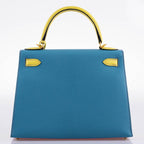 Hermes HSS Kelly 28 Sellier Tri-Color Rose Confetti, Lime & Blue Aztec Chevre with Brushed Gold Hardware - 2019, D