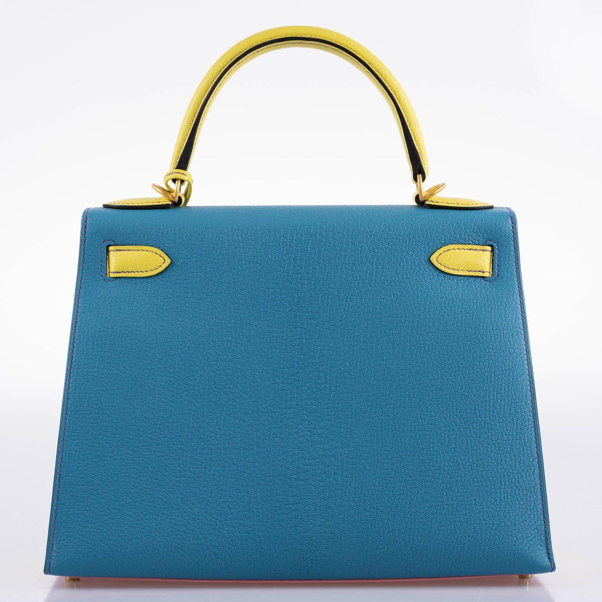 Hermes HSS Kelly 28 Sellier Tri-Color Rose Confetti, Lime & Blue Aztec Chevre with Brushed Gold Hardware - 2019, D