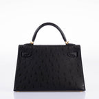 Hermes Kelly 20 Mini II Sellier Black Ostrich Gold Hardware - 2021, Z