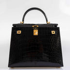 Hermes Kelly 25 HSS Sellier Black Shiny Alligator Brushed Gold Hardware - 2019, D