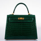 Hermes Kelly 25 HSS Sellier Emerald Nilo Crocodile & Cassis Brushed Gold Hardware - 2018, C