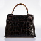 Hermes Kelly 28 Sellier Macassar, Ebene, Miel and Rose Extreme Alligator Palladium Hardware - 2021, Z