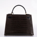 Hermes Kelly 28 Sellier Miel, Graphite & Black Alligator with Gold Hardware - 1995, Y Circle