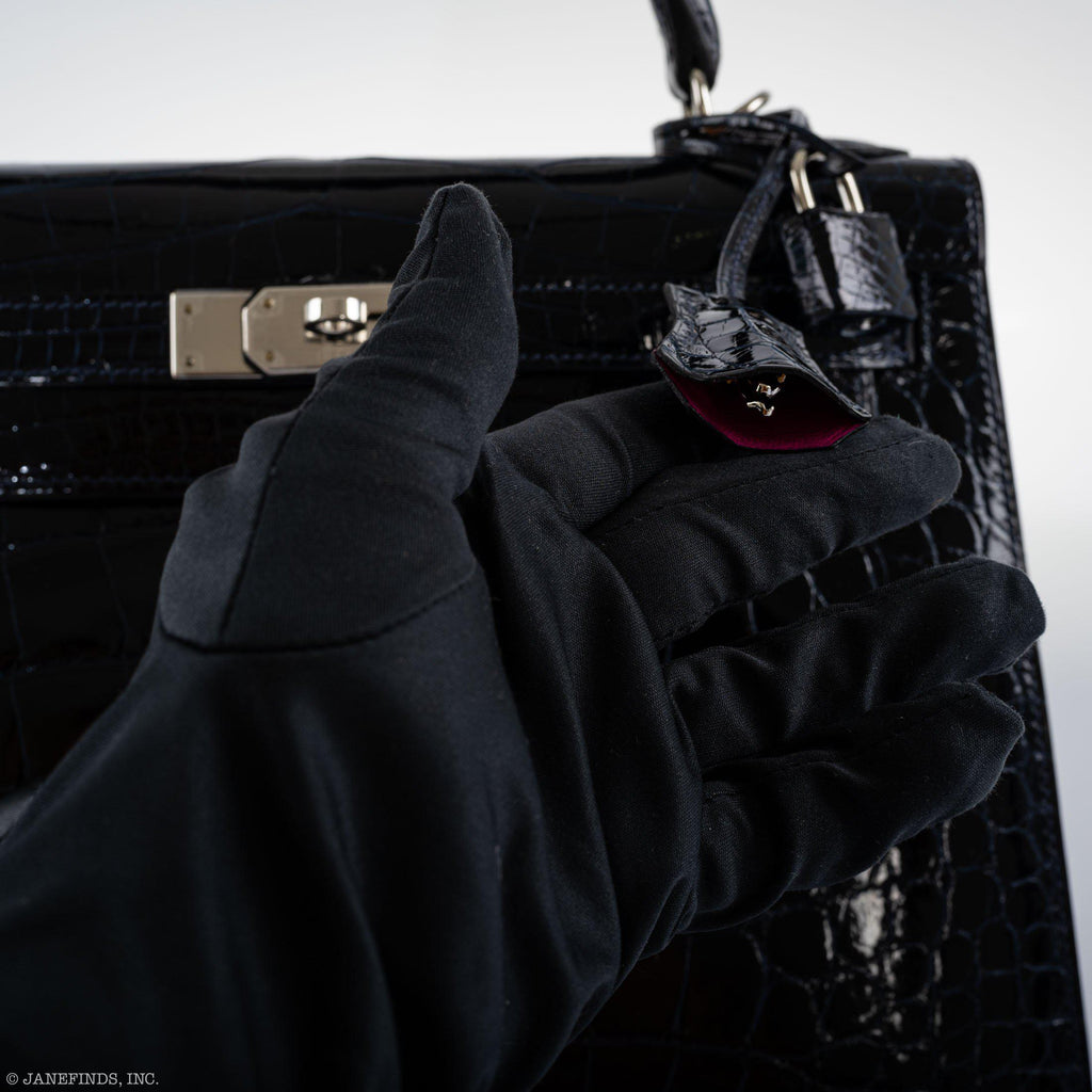 Hermes Kelly 28 Sellier Verso Blue Marine Nilo Crocodile & Rose Scheherazade Palladium Hardware - 2019, D