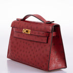 Hermes Kelly Mini Pochette Rouge Vif Ostrich Gold Hardware - 2017, A