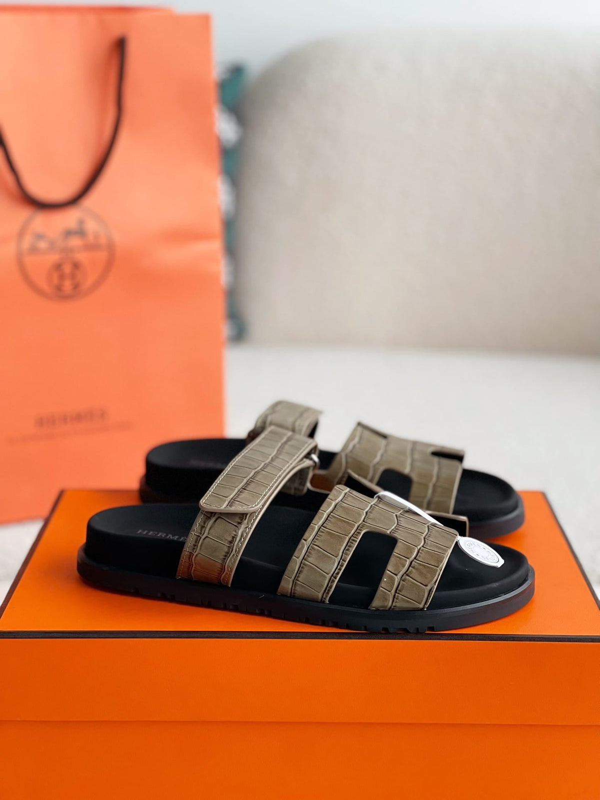Hermès Khaki Green Alligator-Embossed Women's Chypre Sandals