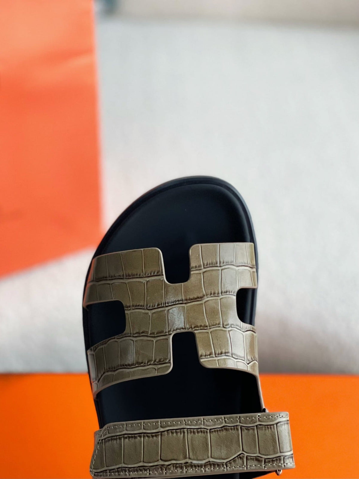 Hermès Khaki Green Alligator-Embossed Women's Chypre Sandals