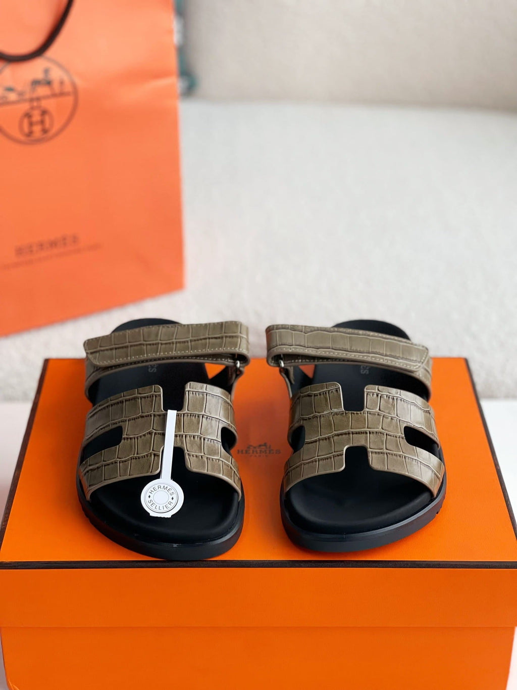 Hermès Khaki Green Alligator-Embossed Women's Chypre Sandals