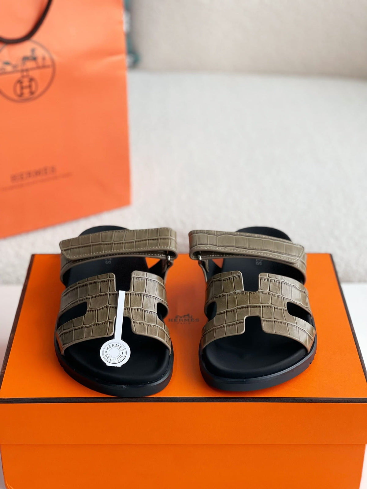 Hermès Khaki Green Alligator-Embossed Women's Chypre Sandals