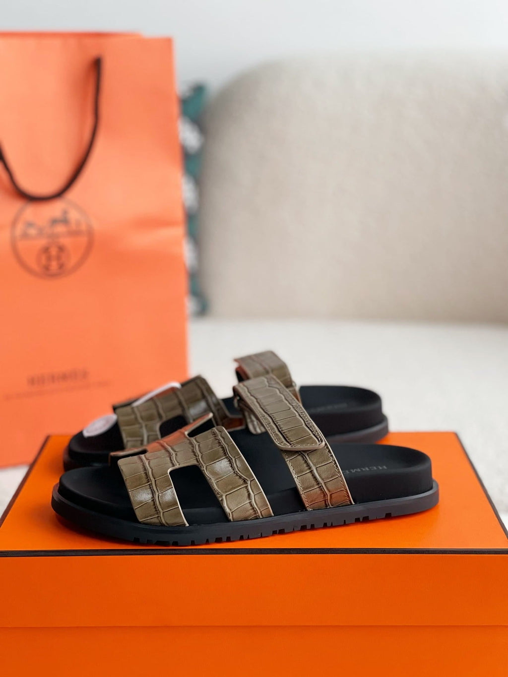Hermès Khaki Green Alligator-Embossed Women's Chypre Sandals