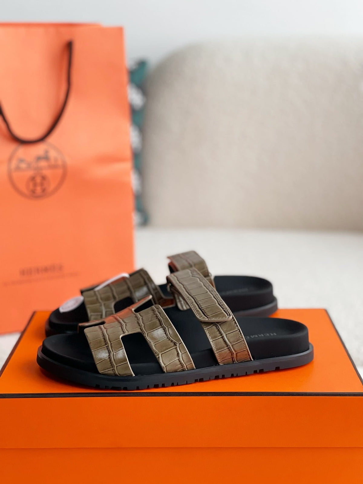 Hermès Khaki Green Alligator-Embossed Women's Chypre Sandals