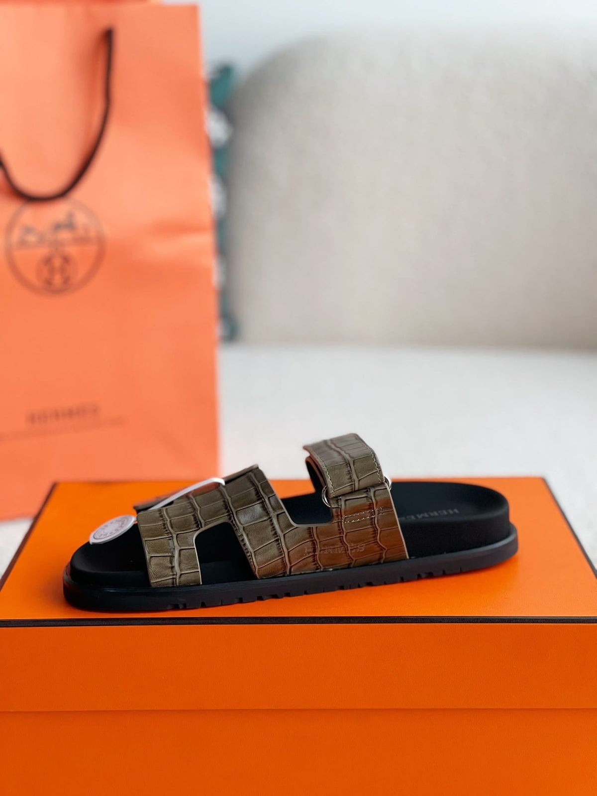 Hermès Khaki Green Alligator-Embossed Women's Chypre Sandals