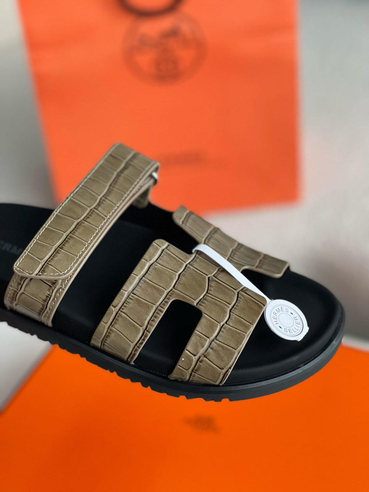 Hermès Khaki Green Alligator-Embossed Women's Chypre Sandals