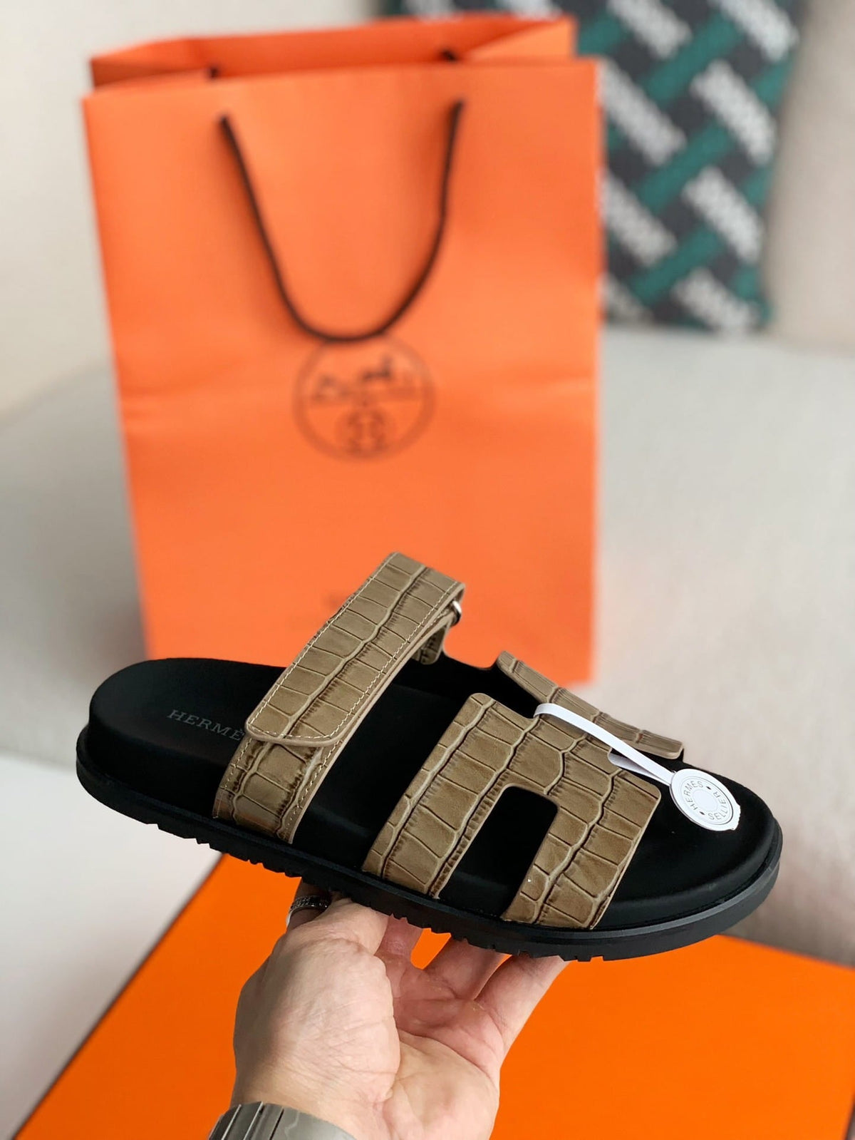 Hermès Khaki Green Alligator-Embossed Women's Chypre Sandals