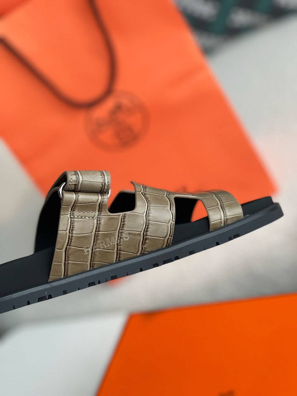 Hermès Khaki Green Alligator-Embossed Women's Chypre Sandals