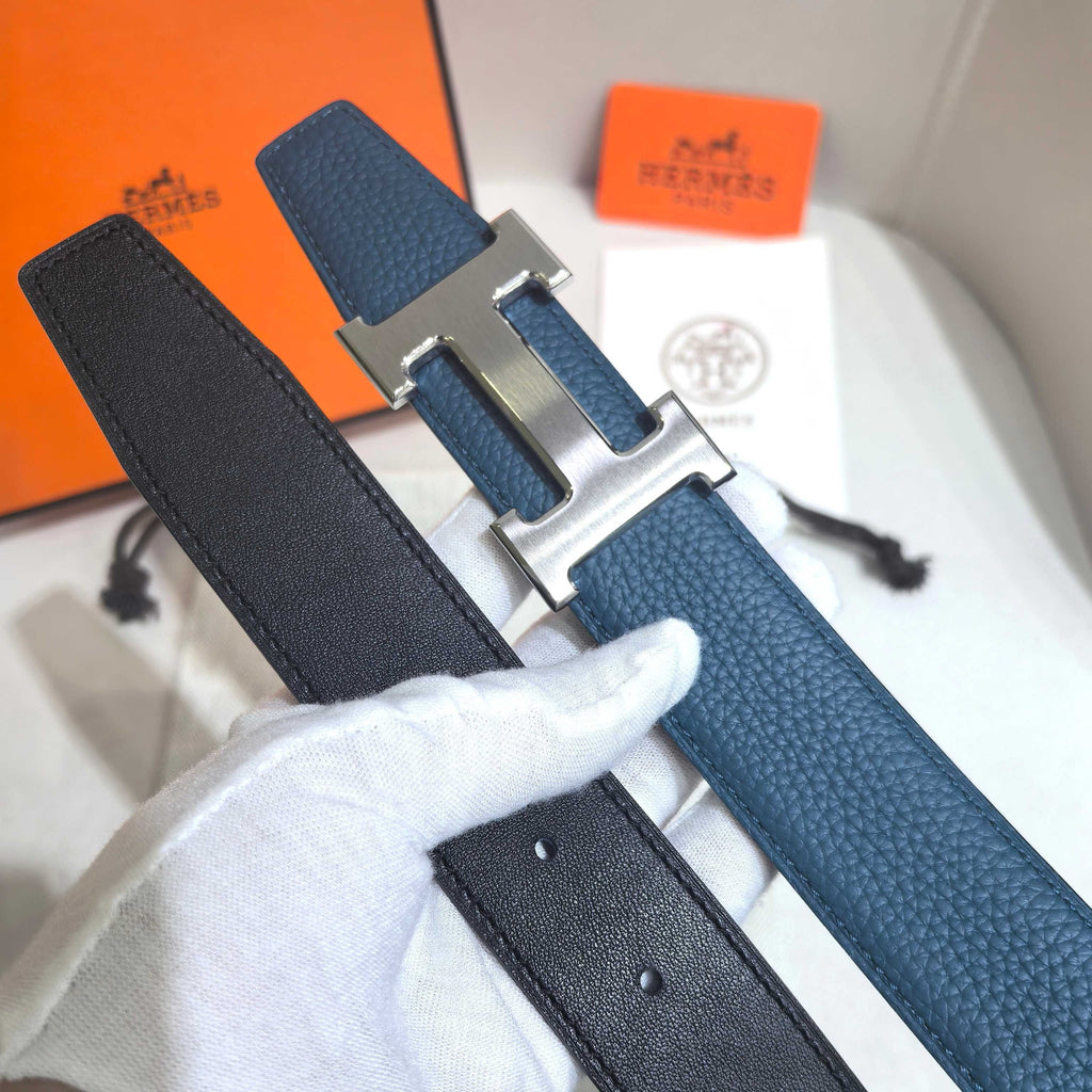 Hermès Large Classic Reversible Belt 32 mm - Deep Blue & Black with Brushed Silver