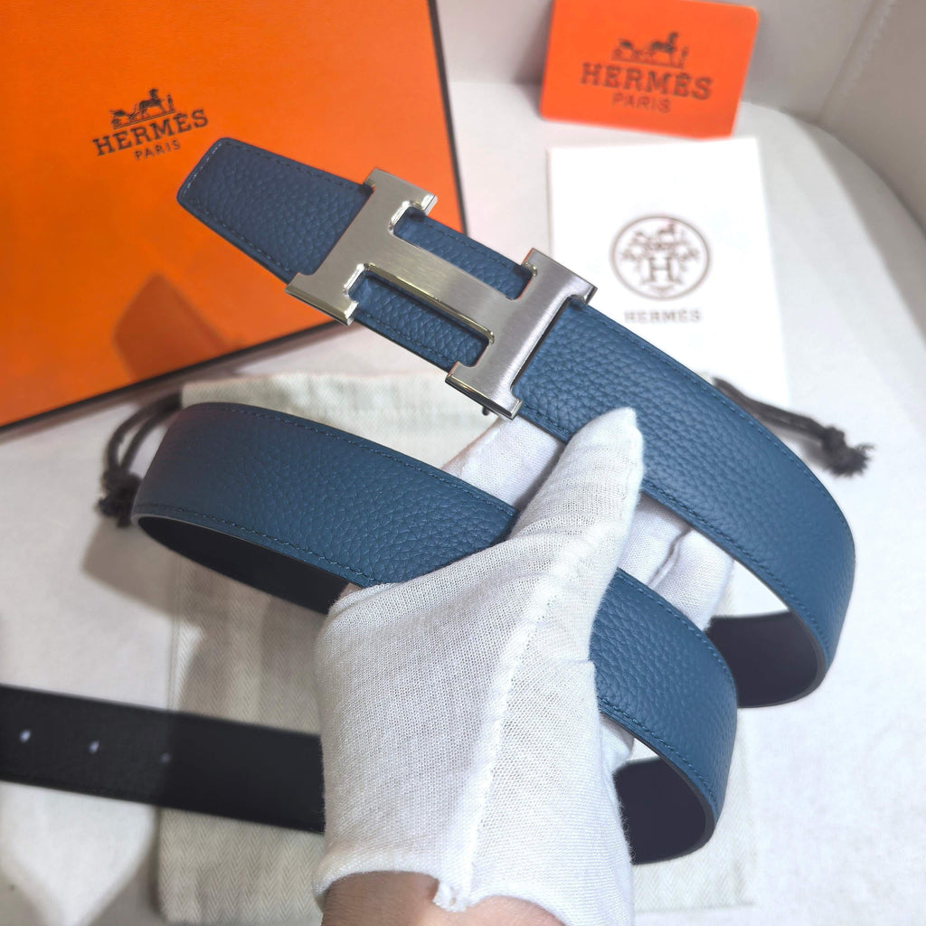 Hermès Large Classic Reversible Belt 32 mm - Deep Blue & Black with Brushed Silver
