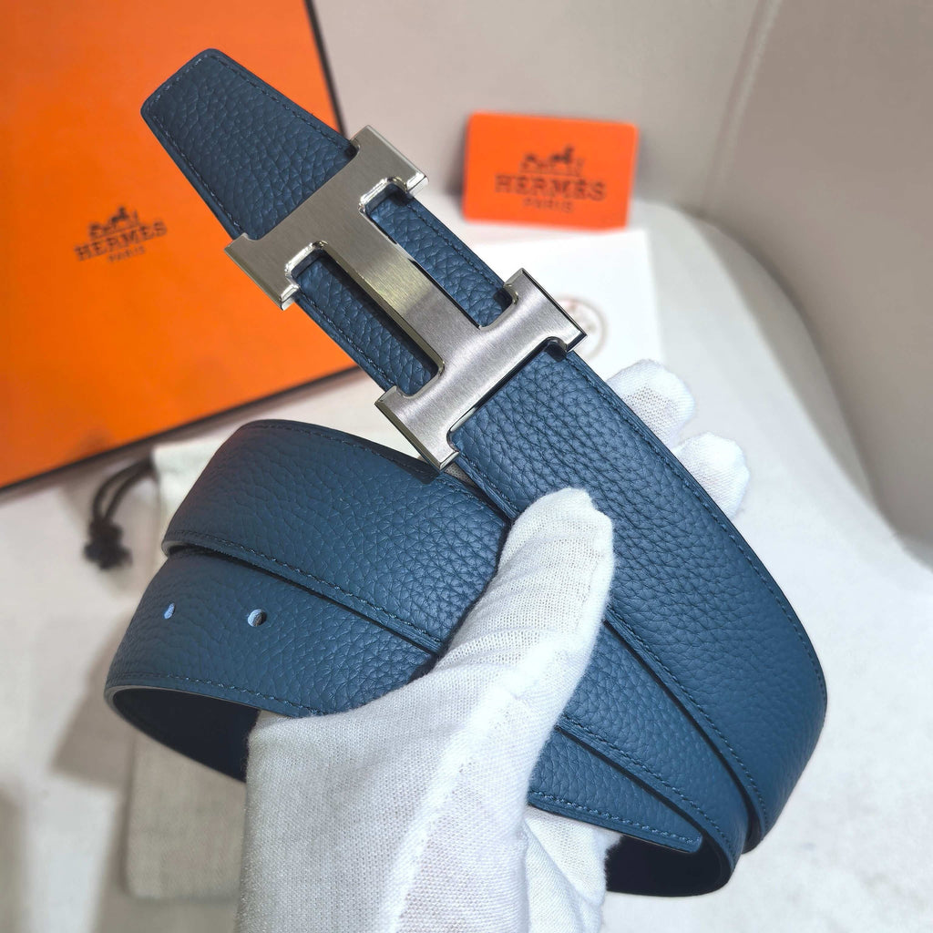 Hermès Large Classic Reversible Belt 32 mm - Deep Blue & Black with Brushed Silver