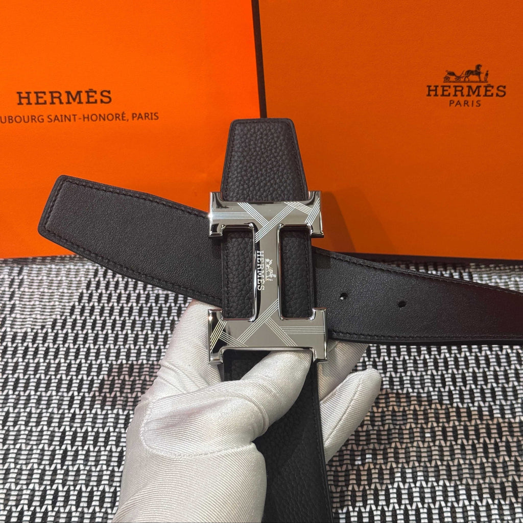 Hermès Leather Belt in Black with H Buckle 32mm - Silver Guilloché Hardware