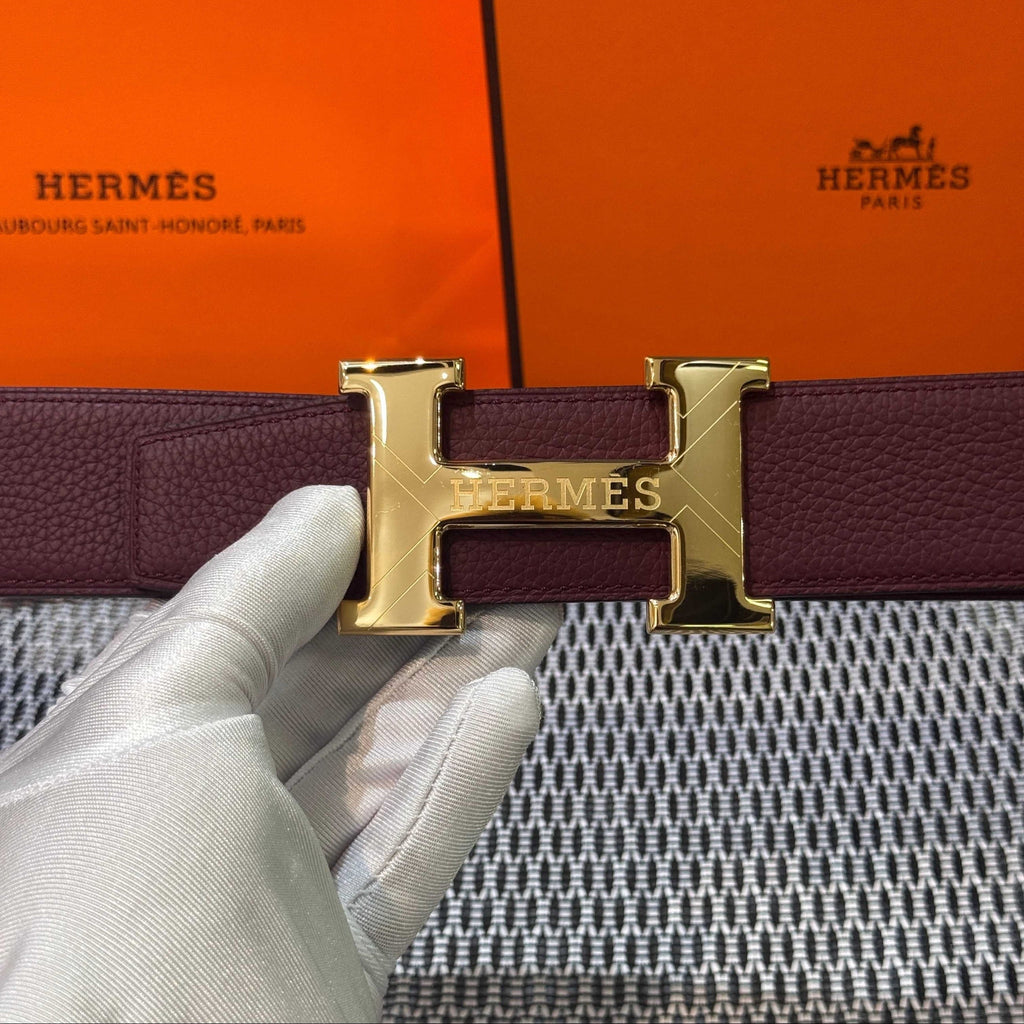 Hermès Leather Belt in Bordeaux with H Buckle 32mm - Gold Guilloché H Buckle
