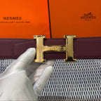 Hermès Leather Belt in Bordeaux with H Buckle 32mm - Gold Guilloché H Buckle