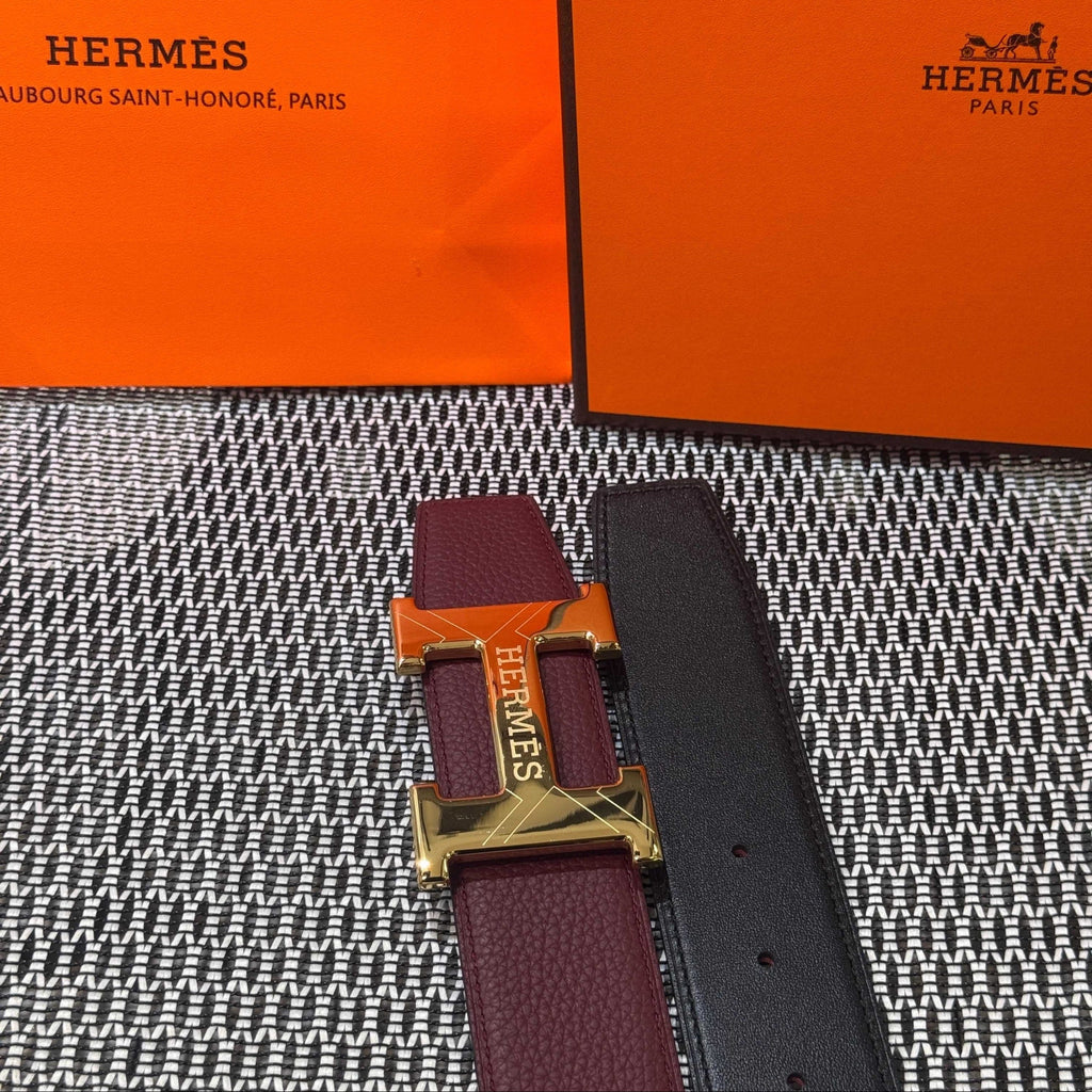 Hermès Leather Belt in Bordeaux with H Buckle 32mm - Gold Guilloché H Buckle