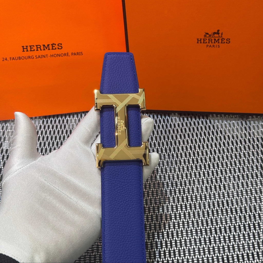 Hermès Leather Belt in Electric Blue with H Buckle 32mm - Gold Guilloché Hardware