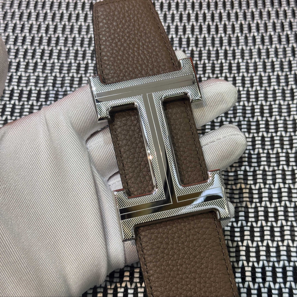 Hermès Leather Belt in Etoupe with H Buckle 32mm - Silver Guilloché Hardware