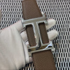 Hermès Leather Belt in Etoupe with H Buckle 32mm - Silver Guilloché Hardware