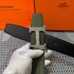 Hermès Leather Belt in Khaki Green with H Buckle 32mm - Silver Guilloché Hardware