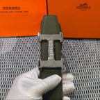 Hermès Leather Belt in Khaki Green with H Buckle 32mm - Silver Guilloché Hardware
