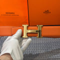 Hermès Leather Belt in Orange with H Buckle 32mm - Gold Guilloché Hardware