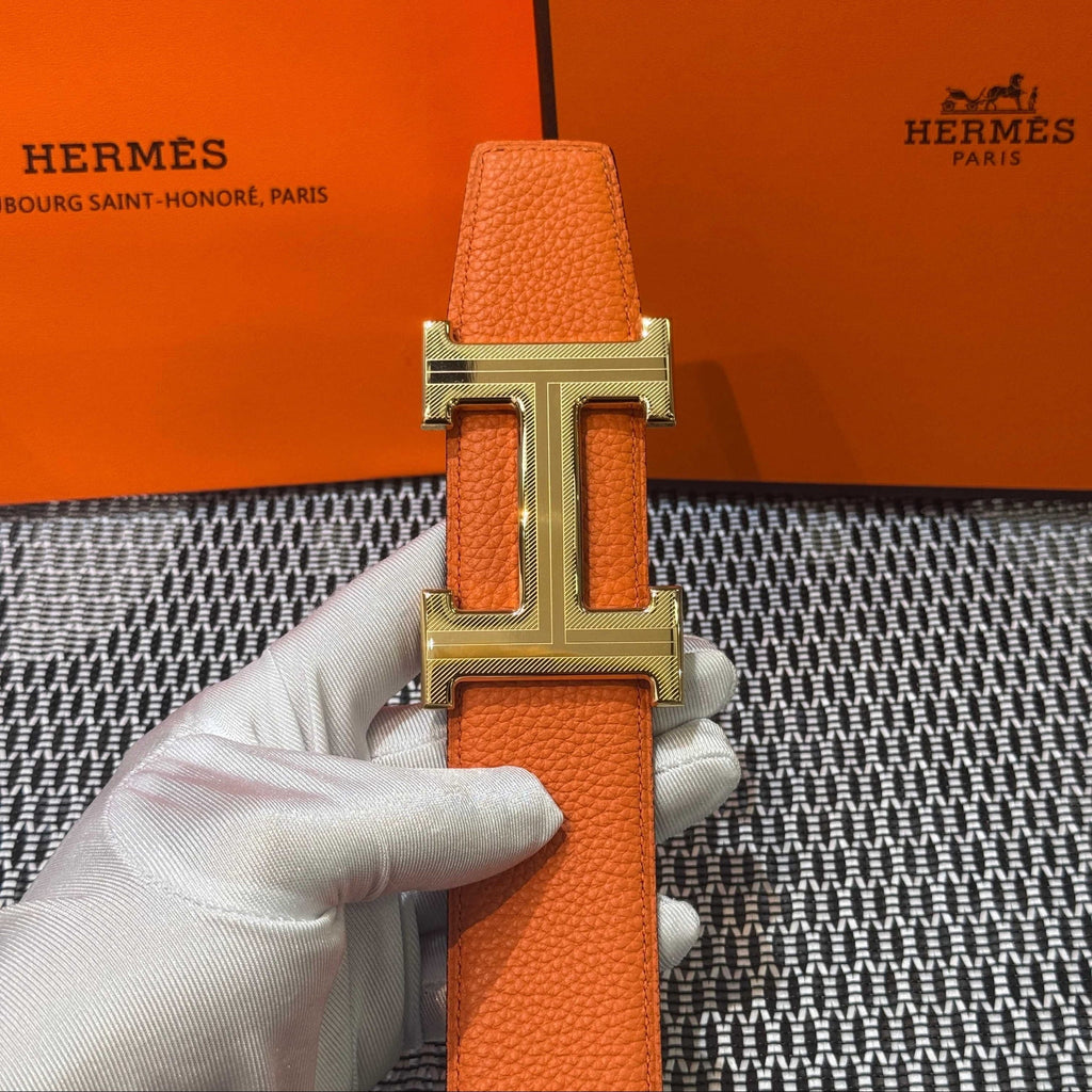 Hermès Leather Belt in Orange with H Buckle 32mm - Gold Guilloché Hardware