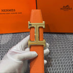 Hermès Leather Belt in Orange with H Buckle 32mm - Gold Guilloché Hardware