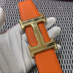 Hermès Leather Belt in Orange with H Buckle 32mm - Gold Guilloché Hardware