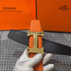Hermès Leather Belt in Orange with H Buckle 32mm - Gold Guilloché Hardware